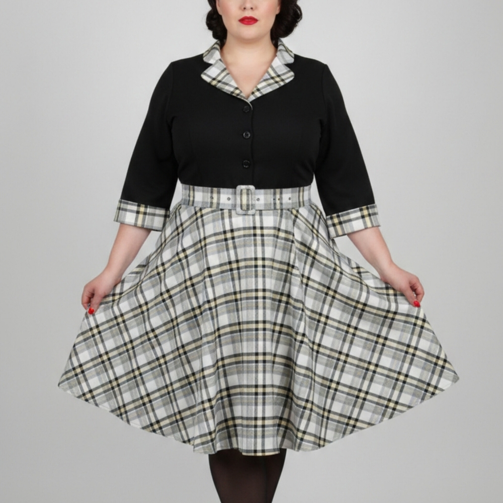 Miss Candyfloss Black Rockabilly Plaid Dress, Belted, 5XL NWT